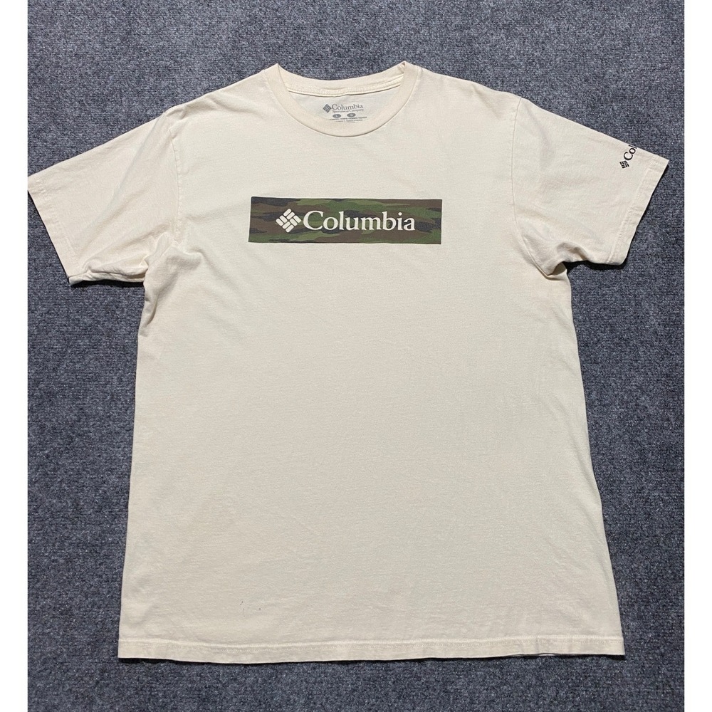 Columbia Sportswear Mens Large Beige Camo Box Logo Graphic T-Shirt Cotton Tee